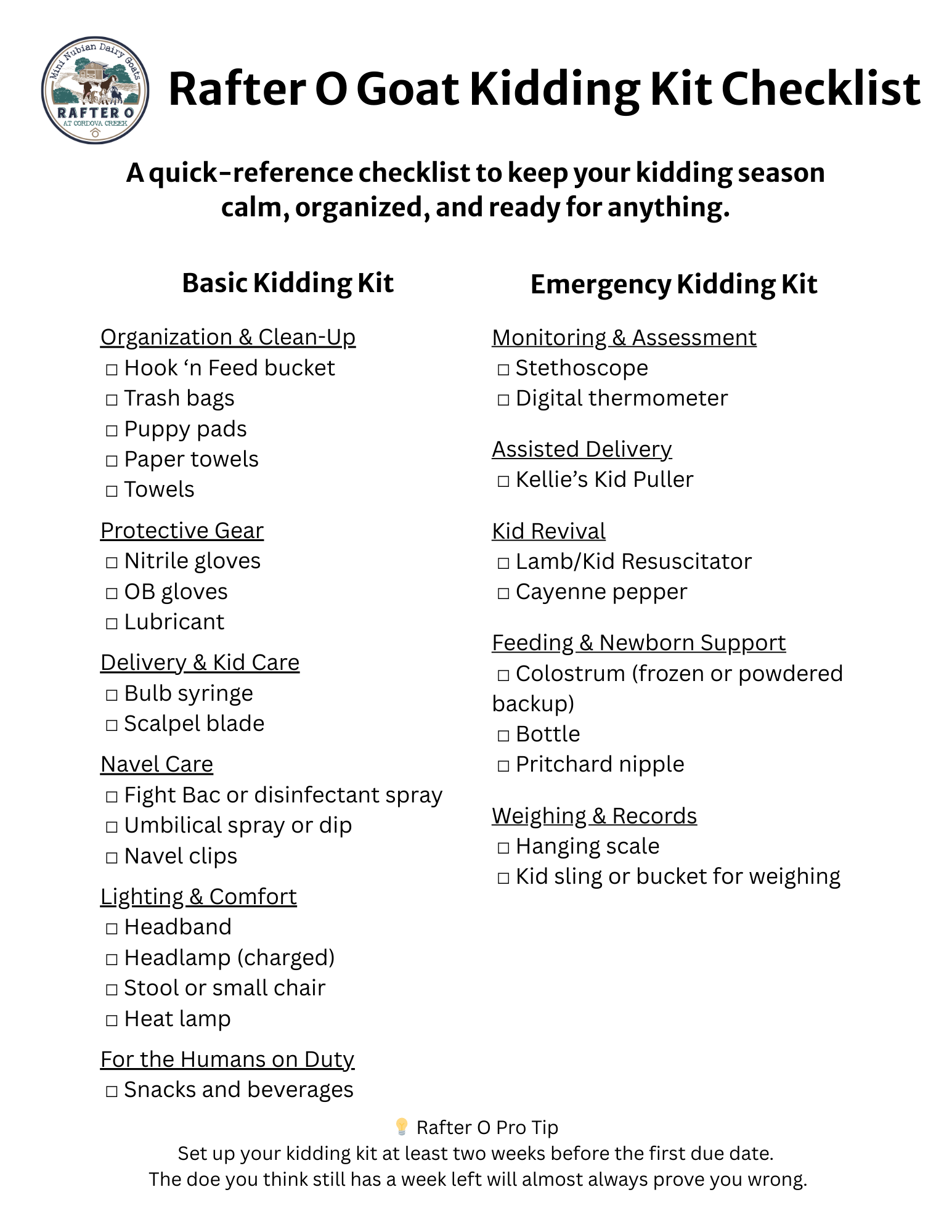 Rafter O Goat Kidding Kit Checklist